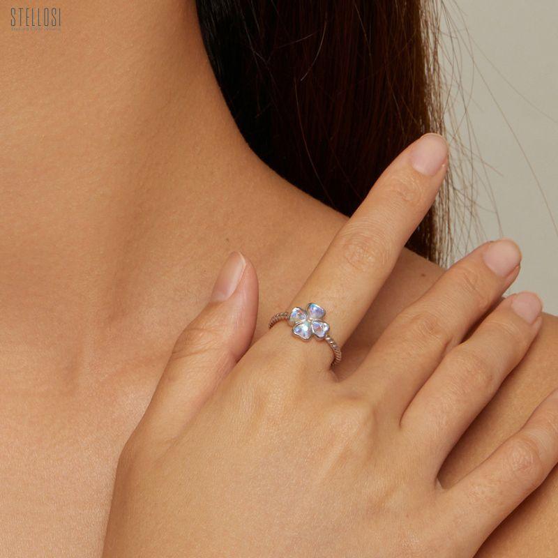 Moonlight Clover Ring | Sterling Silver Platinum-Plated Adjustable Design - Stellosi