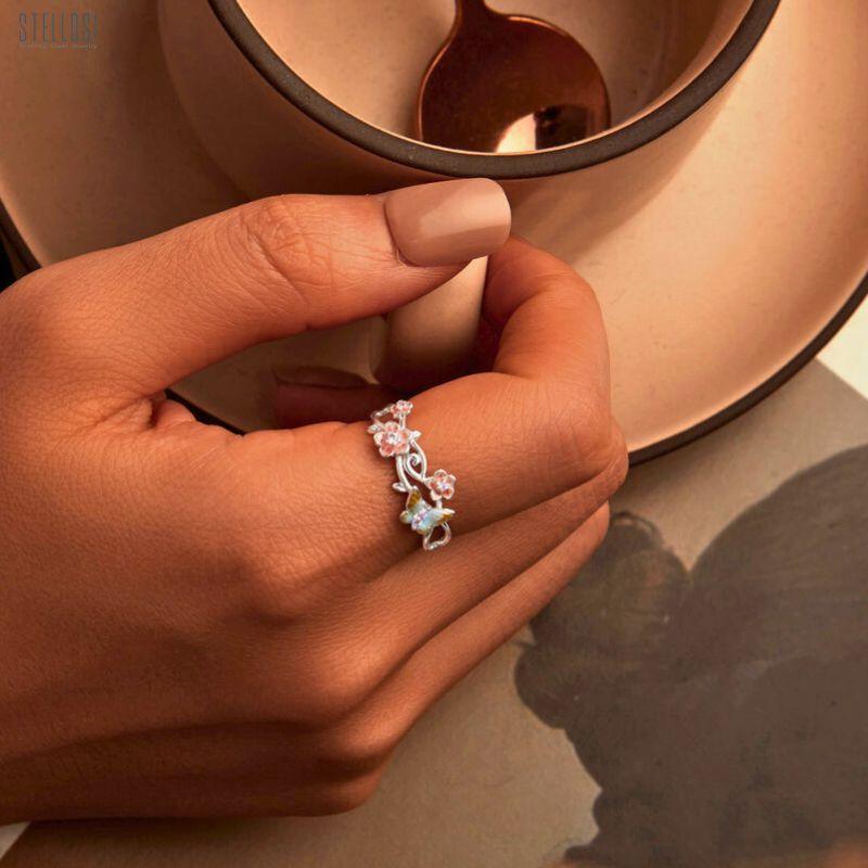 Romantic Cherry Butterfly | Sterling Silver White Gold Opening Ring - Stellosi