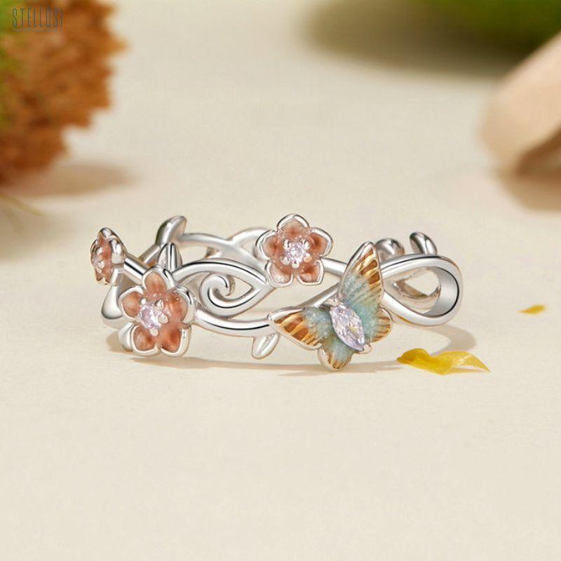 Romantic Cherry Butterfly | Sterling Silver White Gold Opening Ring - Stellosi