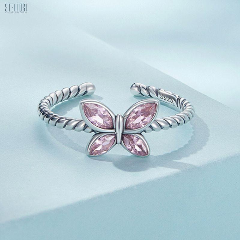 Pink Butterfly Braided | Sterling Silver Oxidized Opening Ring - Stellosi