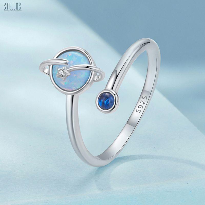 Planet Ring | Sterling Silver White Gold-Plated Celestial Design - Stellosi