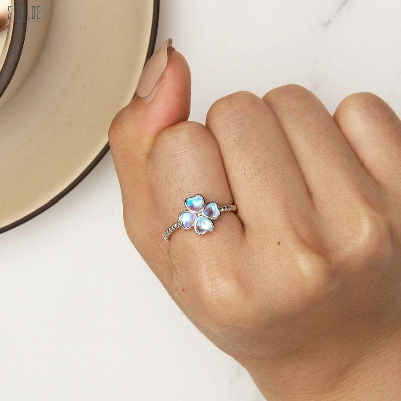 Moonlight Clover Ring | Sterling Silver Platinum-Plated Adjustable Design - Stellosi